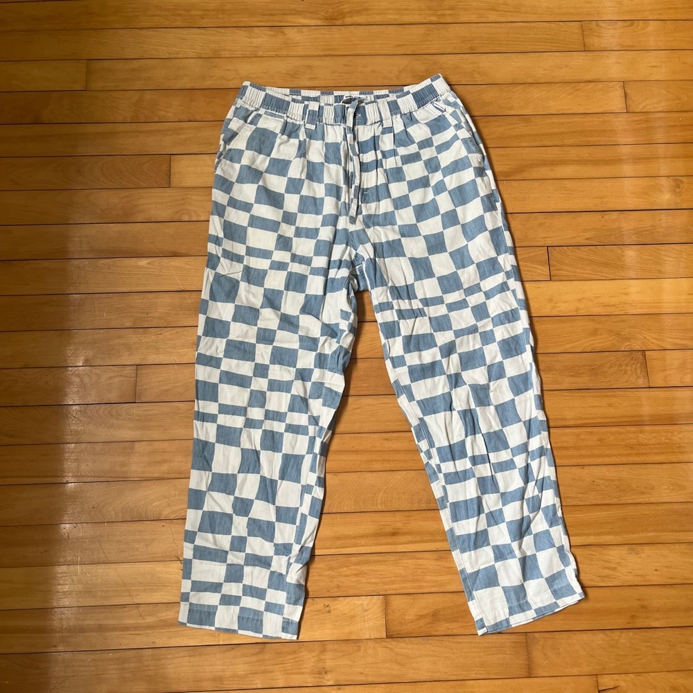 Banks Journal Mens Blue White Checkerboard Elastic Waist Trousers Pants Size M